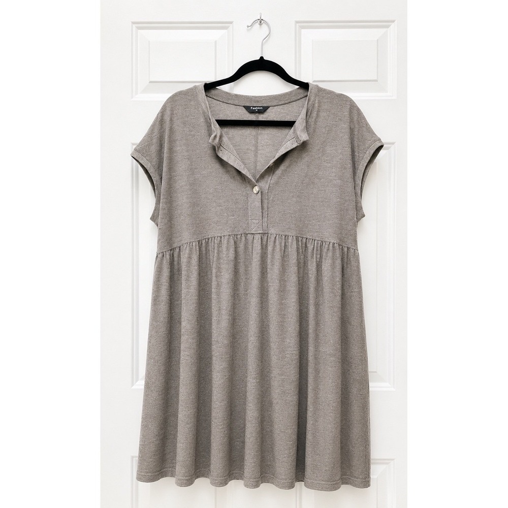 Fashion Women Brown Marl Henley Babydoll Dress Short Sleeve Mini 7593 Medium